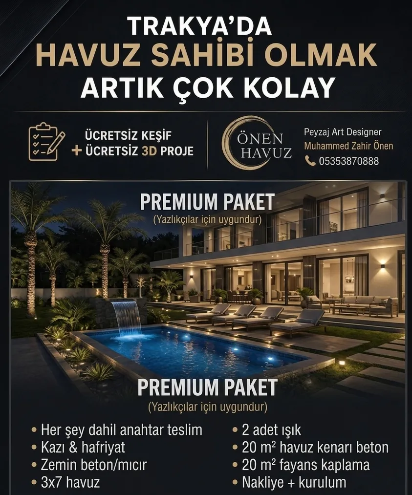 Önen Havuz güvencesiyle yazlıklar için özel olarak hazırladığımız Premium Paket ile hayalinizdeki havuza zahmetsizce kavuşun. Üstelik Ücretsiz Keşif + Ücretsiz 3D Proje avantajıyla!